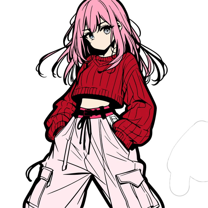 anime teen girl with baggy pants and crop top with sweater