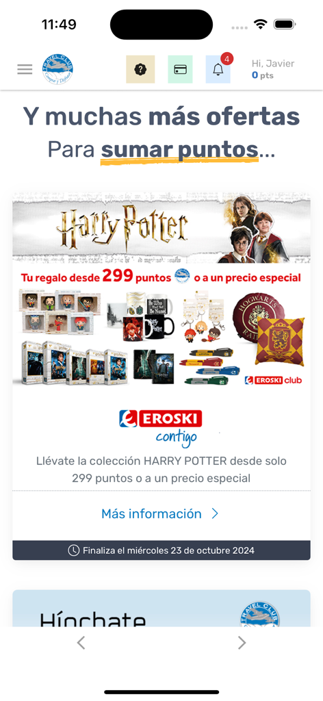 Pantalla de la App Travel Club mostrando mercancía de Harry Potter disponible para canjear con puntos de recompensa