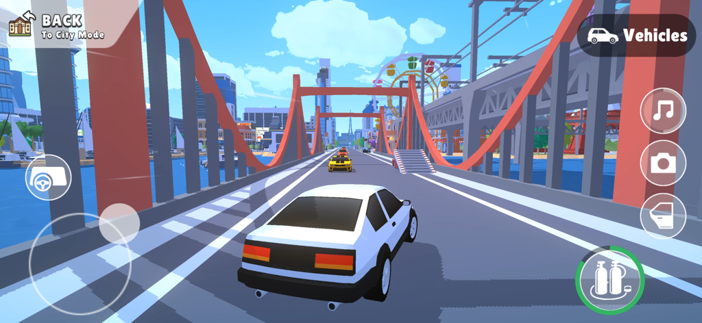 Pocket City 2 - A white car driving across a red bridge in the 3D environment of Pocket City 2