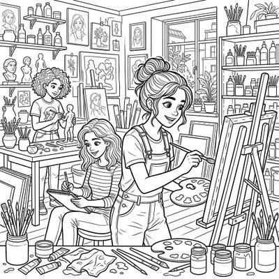 Dive into a detailed art studio scene, showcasing three talented teenage artists passionately creating. This full-scene coloring page invites you to bring their vibrant world to life with your own colors.