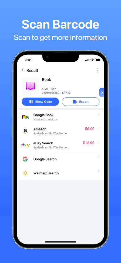 Schermata di ricerca prodotti e confronto prezzi nell'app QR Explore dopo la scansione di un codice a barre.