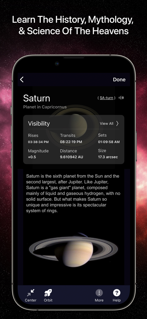 SkySafari 7 Pro - Detailed scientific information and description of the planet Saturn in the SkySafari 7 Pro app.