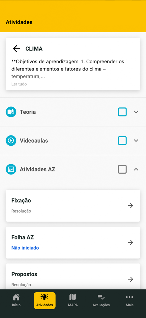 Aluno Rede AZ - Tela do aplicativo móvel mostrando a seção de atividades da plataforma educacional Aluno Rede AZ com módulos de estudo para clima, incluindo teoria e videoaulas