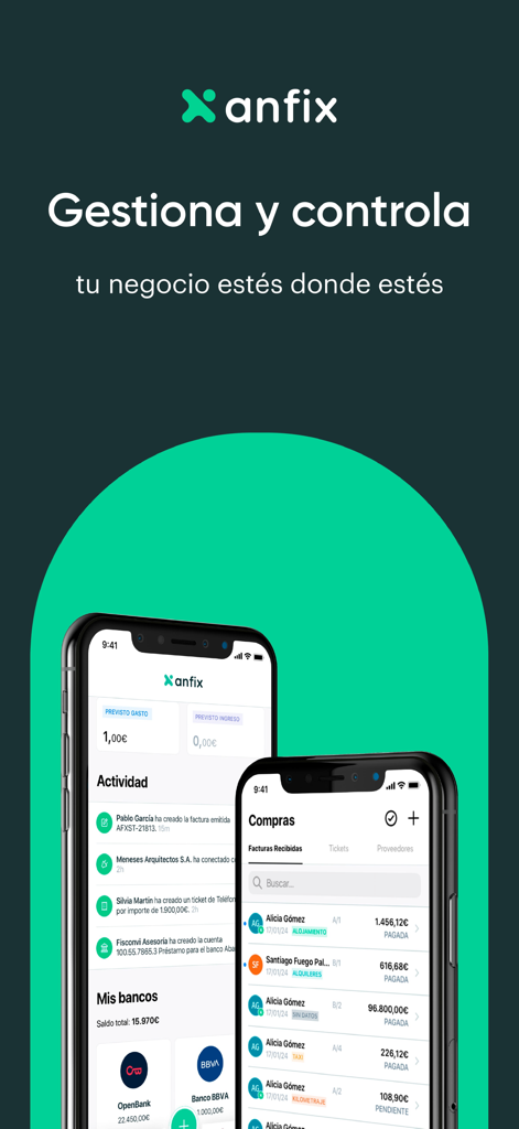 Interfaz de la aplicación móvil Anfix para contabilidad empresarial y control financiero.