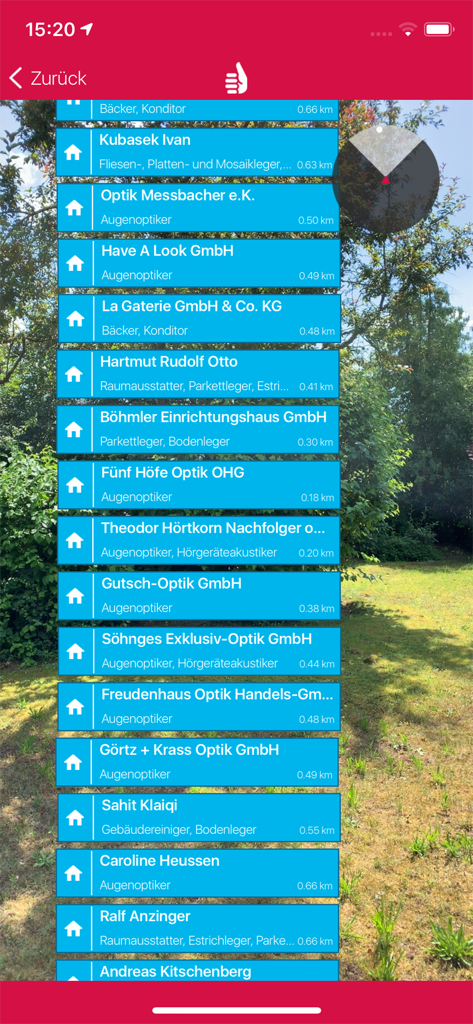Handwerkerradar - Liste von Handwerkern und Geschäften in der Nähe in der Radaransicht der Handwerkerradar-App.
