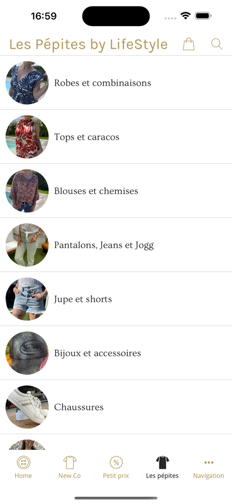 Les Pépites by LifeStyle - Lista de categorías de la aplicación de moda Les Pepites mostrando menú de ropa y accesorios