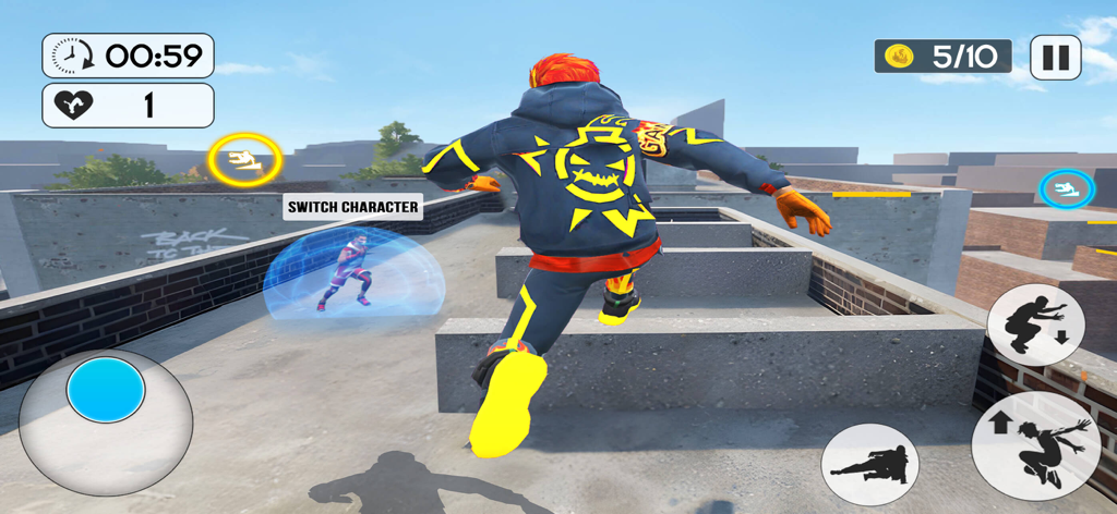 Rooftop Backflip Parkour Games - A character in a black and yellow hoodie performing parkour stunts on a city rooftop in a mobile game