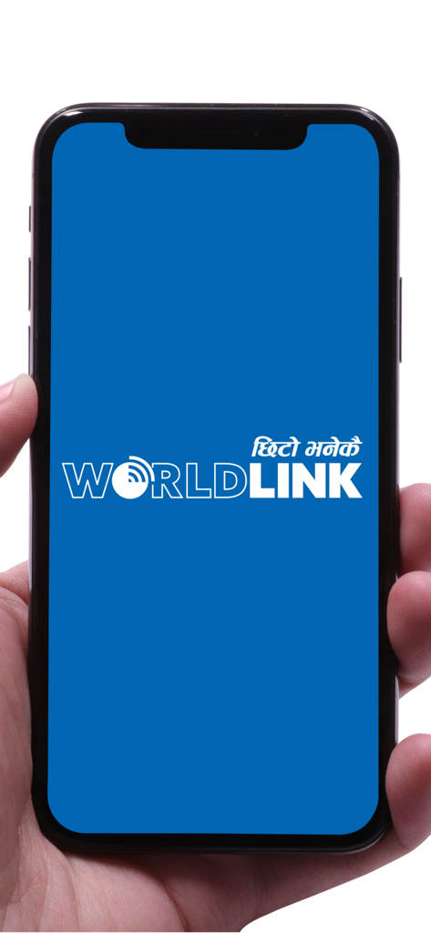 myWorldLink - Smartphone displaying the myWorldLink app splash screen with its white logo on a solid blue background