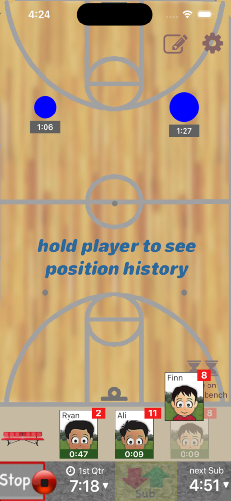 Who's On - Basketball - Mobile app interface for basketball coaches showing player rotation management on a court background with active game timers.