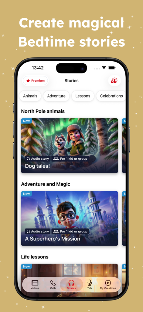Call Santa Claus with PNP - Interface of the Portable North Pole app showing a menu of personalized bedtime stories for kids.