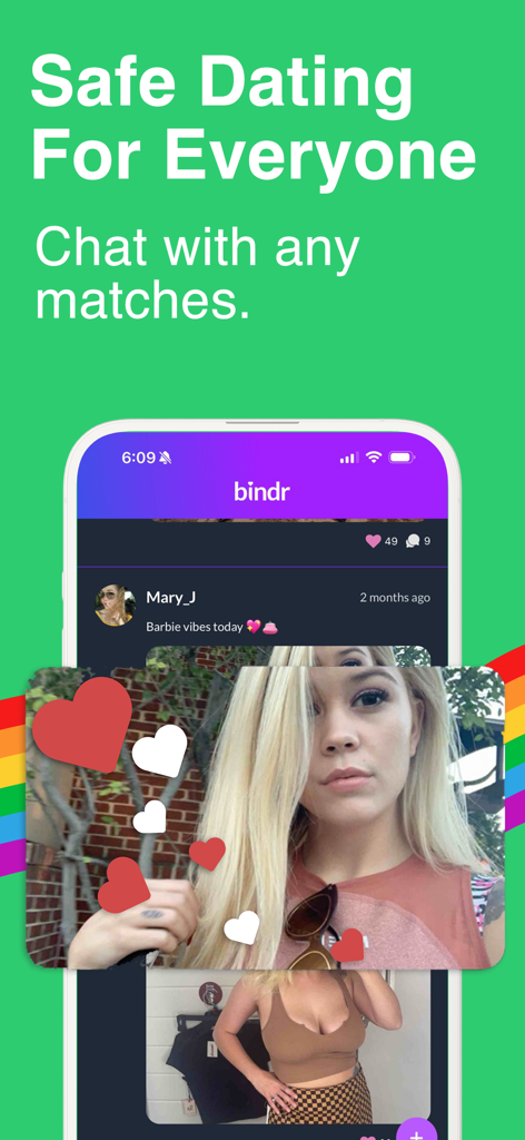 Bindr | Bisexual Dating App - Bindr app interface showing the social feed and the slogan Safe Dating For Everyone