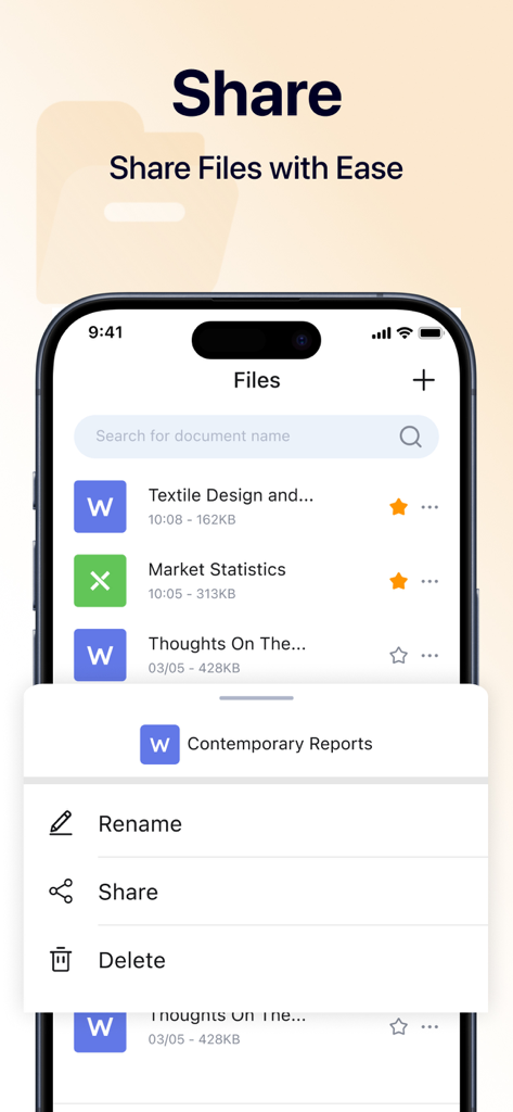 Office Word App-Oberfläche zur Verwaltung und Freigabe von Dokumenten auf dem iPhone
