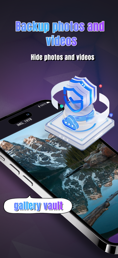 Backup Photos - Gallery Vault - A smartphone showing the Gallery Vault app with security shield and cloud backup icons for hiding photos and videos.
