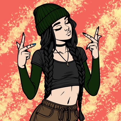 realistic teenage girl with braids and a beanie and crop top doing 🫶🏼