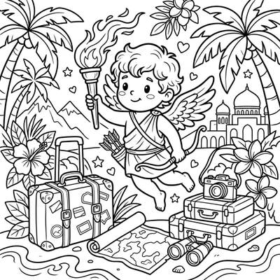 Ignite your creativity with this enchanting coloring page featuring Cupid enjoying a tropical vacation. Join the god of love as he explores exotic destinations, complete with palm trees, suitcases, and stunning landscapes.