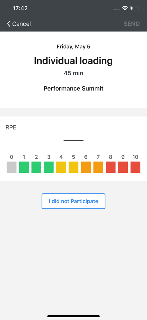 Kitman Labs Kiosk - Kitman Labs Kiosk app screen showing a Rate of Perceived Exertion or RPE scale from zero to ten for athlete performance monitoring