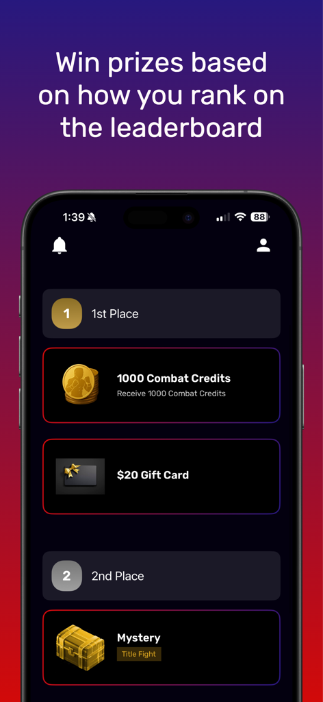 MMA Fantasy - MMA Fantasy app screen displaying leaderboard ranking prizes including gift cards and combat credits