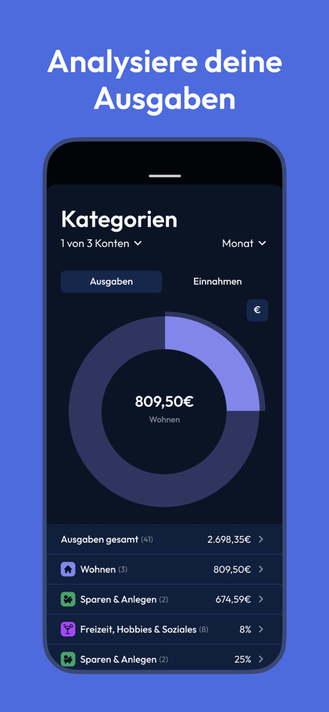 Finanzfluss Copilot - Panel de la aplicación Finanzfluss Copilot que muestra el análisis de gastos y las categorías de gasto con un gráfico circular.