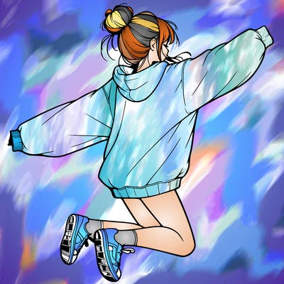 realistic girl jumping with a bun and oversized sweatshirt
