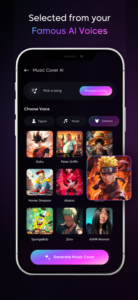 AI Cover Songs : Music AI - AI音楽カバーを作成するための、悟空やスポンジボブのような有名なキャラクターボイスのセレクションを表示するアプリインターフェース