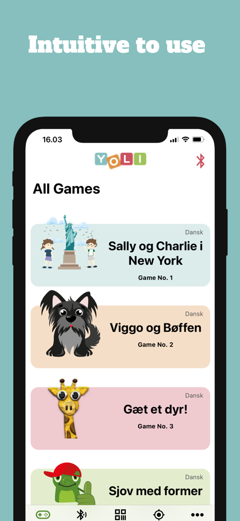 Ein Smartphone-Bildschirm, der das Menü 'Alle Spiele' der Play Yoli App mit einer Liste interaktiver Lernspiele für Kinder anzeigt.