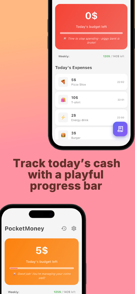 Pocket Money - Interfaccia dell'app PocketMoney che mostra il budget giornaliero rimanente con una barra di avanzamento giocosa e un feedback divertente sulla spesa.