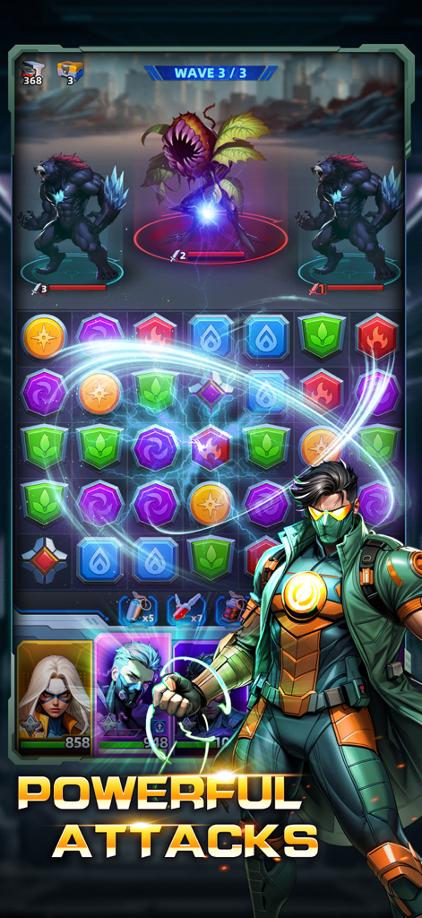 Superhero & Puzzles Match3 RPG - Captura de pantalla del juego Superhero and Puzzles Match3 RPG con un héroe y una cuadrícula de puzles durante una batalla contra monstruos.