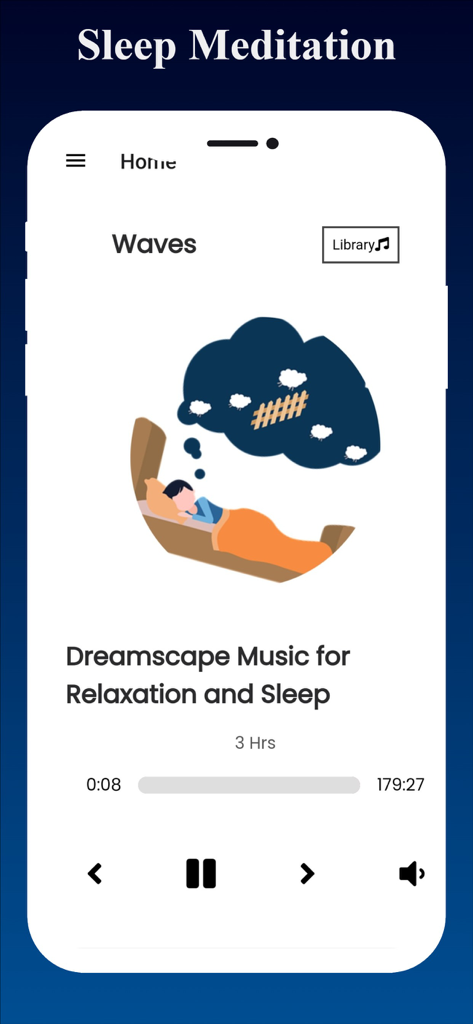 Sleep Calculator App - Interface of the Sleep Calculator App showing the music player for relaxing sleep sounds and meditation.