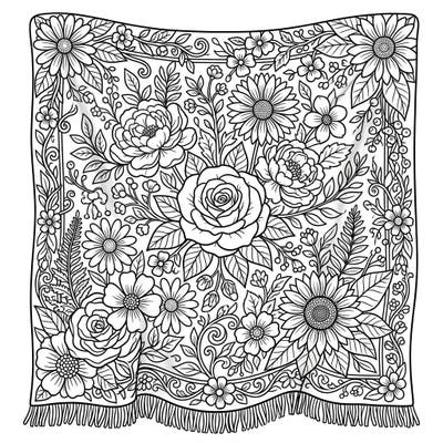 Unwind with this beautifully detailed coloring page featuring a cozy throw blanket covered in an exquisite garden floral design. Discover a tapestry of roses, daisies, and botanical elements waiting for your personal touch.