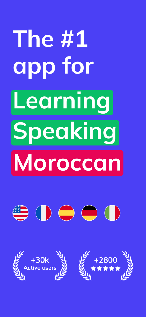 Morolingo: Darija & Amazigh - Morolingo app promotional screen showing it is the number one app for learning and speaking Moroccan with user ratings and statistics
