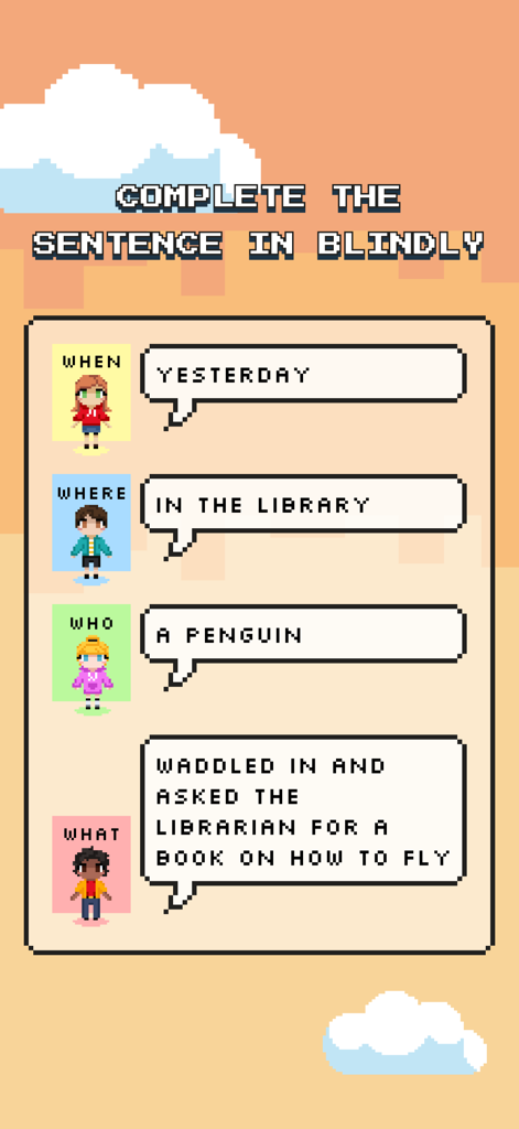 WHacky: Phrase to Story Game - A pixel art gameplay screen from the WHacky app showing four players collaboratively creating a humorous sentence about a penguin in a library
