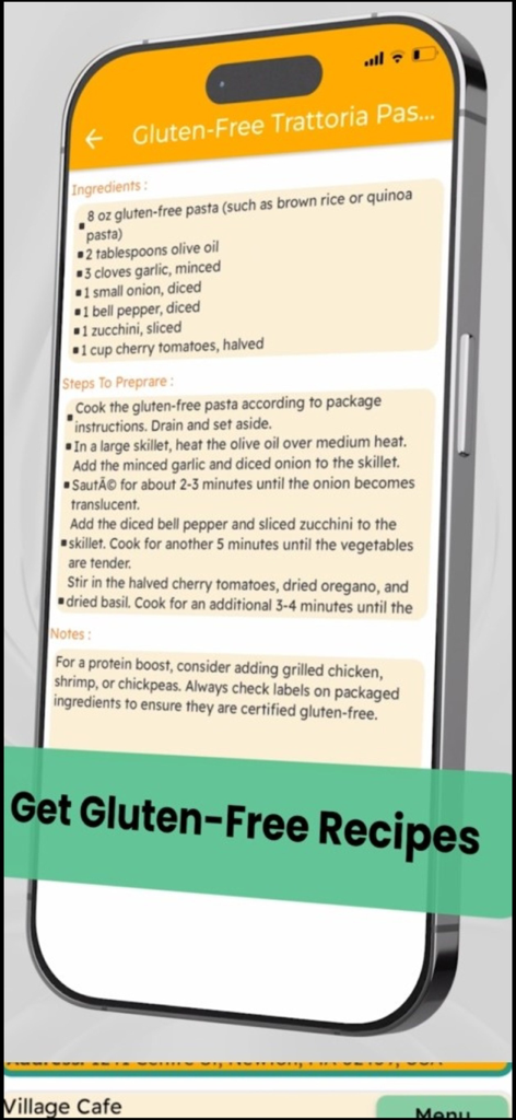 Gluten-Free Me - 글루텐 프리 트라토리아 파스타 레시피, 재료 및 준비 단계가 포함된 모바일 앱 화면.
