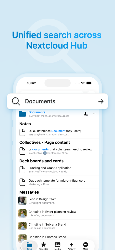 Nextcloud mobile app screenshot showing unified search results for documents, notes, and messages.