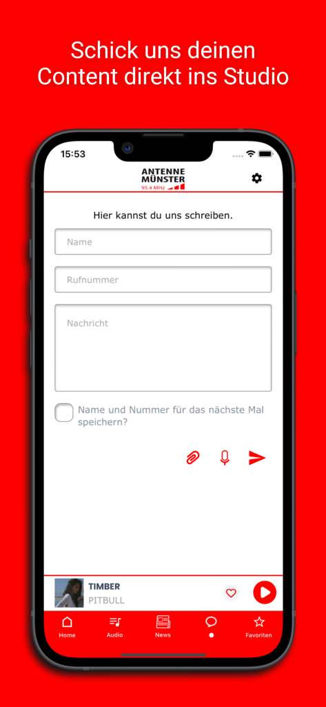 ANTENNE MÜNSTER - Antenne Münster App-Oberfläche mit einem Nachrichtenformular, um Inhalte direkt an das Radio-Studio zu senden.