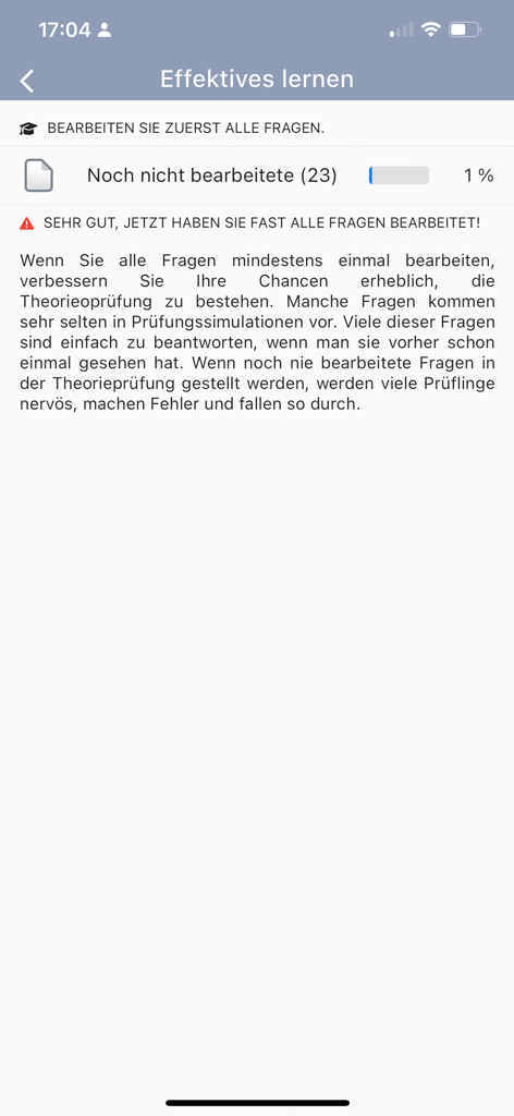 Fahrschule.de 2026 - Effektiver Lernfortschrittsbildschirm mit Statusleiste und Tipps zur Prüfungsvorbereitung in der Fahrschule.de 2026 App