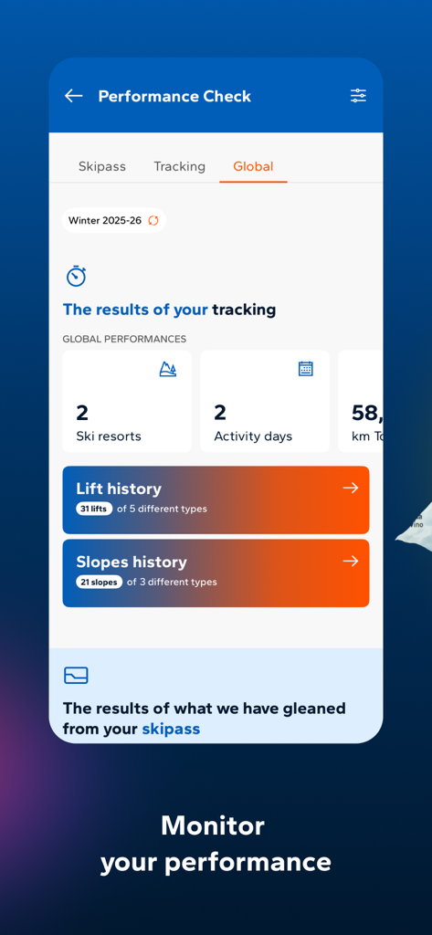 Performance check dashboard showing skiing statistics and history in the My Dolomiti Winter app