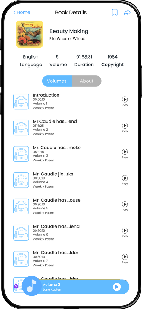 Mobile app screen showing the book details and chapter list of an audiobook with play buttons.
