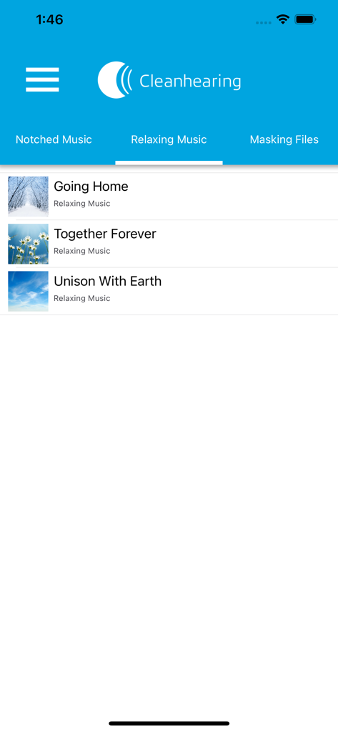 Interface of the Cleanhearing Tinnitus App showing the Relaxing Music tab with a list of soothing tracks like Going Home and Together Forever.