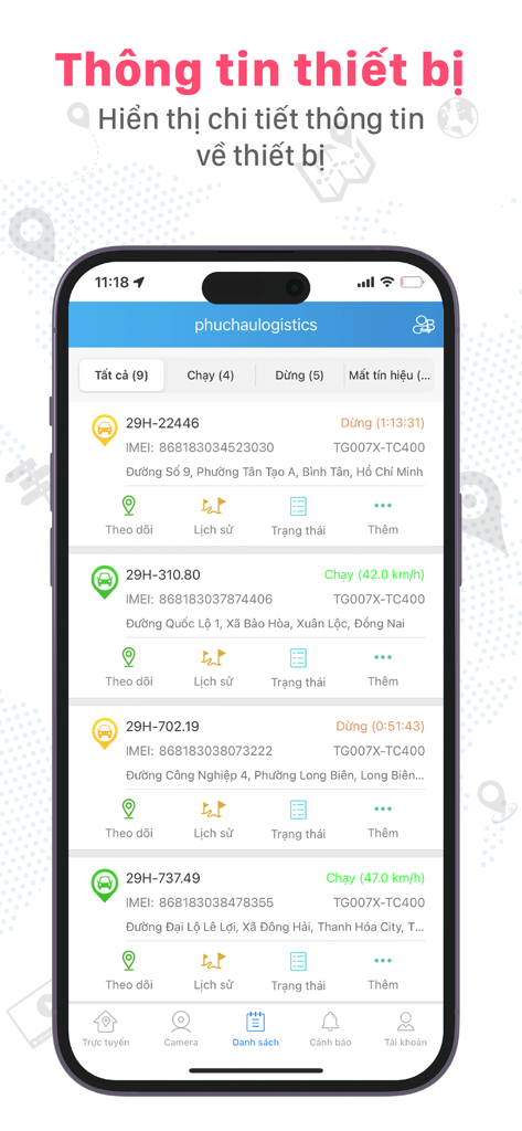 T-Track Pro-Oberfläche zeigt eine Liste der verfolgten Fahrzeuge und ihren Echtzeitstatus an