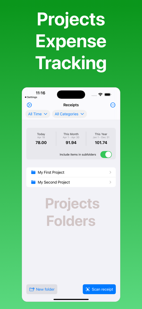 Receipt Scanner by Zeple AI - Interfaz de la aplicación Escáner de Recibos por Zeple AI que muestra el seguimiento de gastos organizado en carpetas de proyectos.