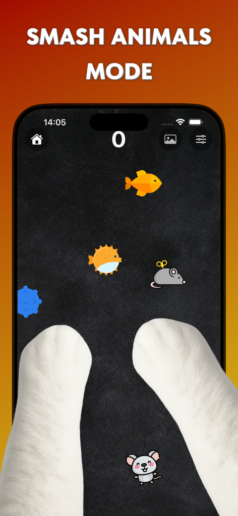 Red laser pointer for cats - Cat paws playing the Smash Animals game mode featuring colorful fish and mouse icons on a smartphone.