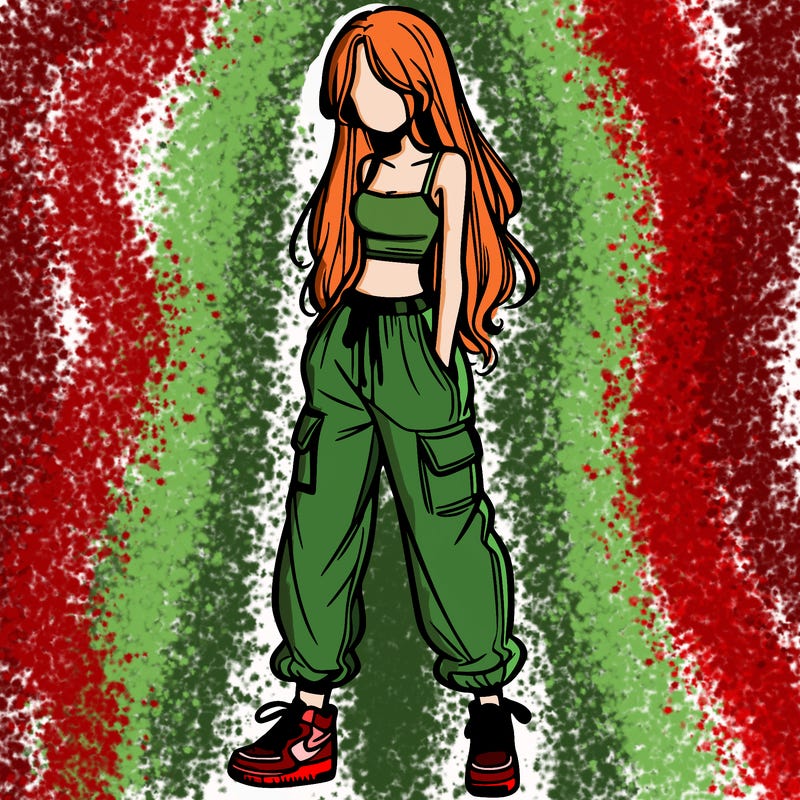 girl in baggy pants crop top and long hair