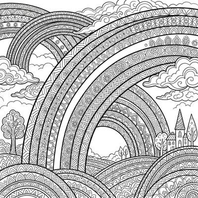 Explore a breathtaking landscape filled with magnificent, intricately patterned rainbows designed specifically for adult colorists. This captivating template offers a calming and creative escape, perfect for unwinding after a long day.