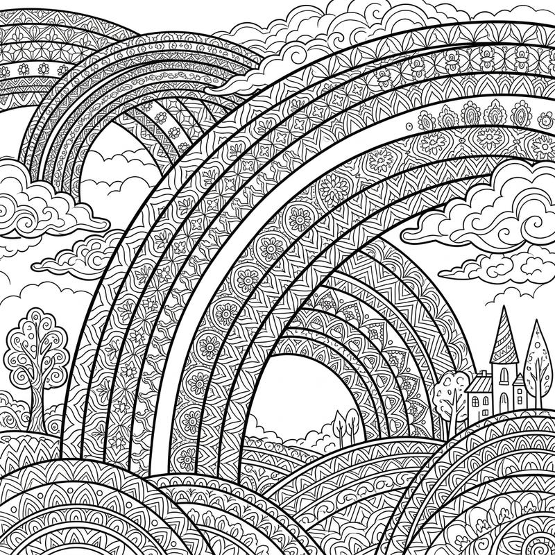 Explore a breathtaking landscape filled with magnificent, intricately patterned rainbows designed specifically for adult colorists. This captivating template offers a calming and creative escape, perfect for unwinding after a long day.