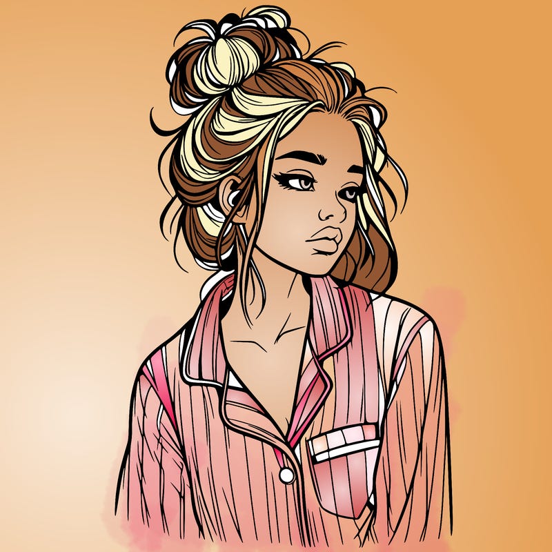 realistic woman with pajamas on and a messy bun