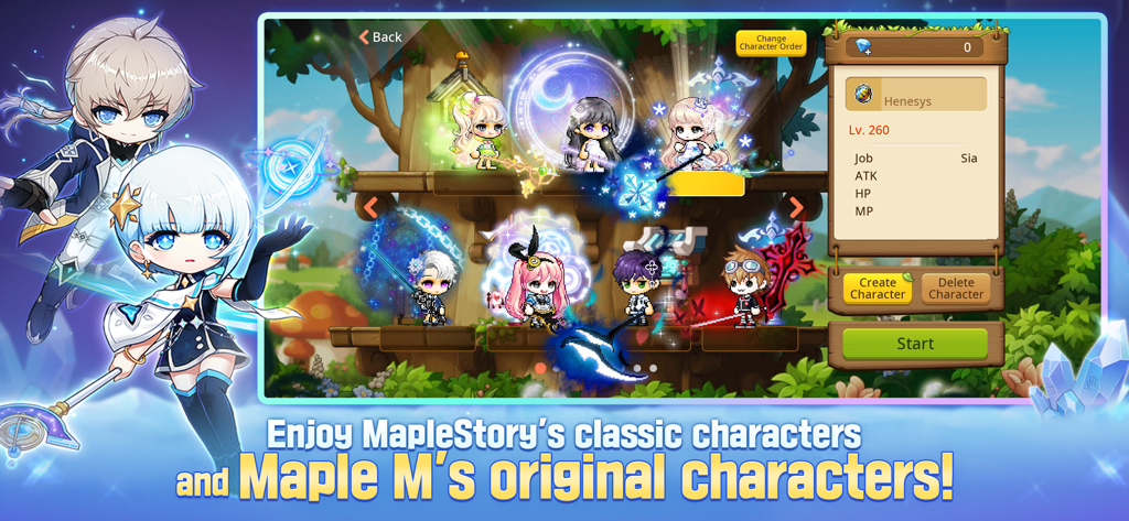 MapleStory M Charakter-Auswahlbildschirm mit verschiedenen Anime-Charakteren und dem Charakter Sia auf Level 260.
