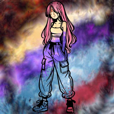 girl in baggy pants crop top and long hair