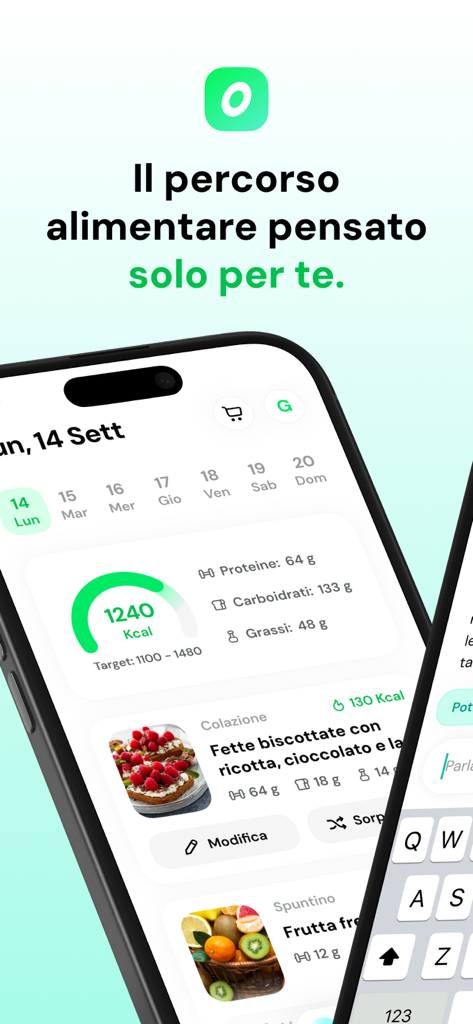 olivia: ricette su misura - Mobile app interface of Olivia showing a personalized daily meal plan with calorie and macronutrient tracking.