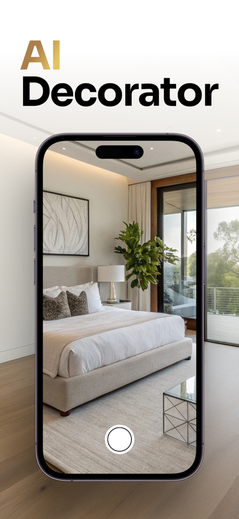 Homeai Reroom Ai Decor Spacely - A smartphone screen showing the AI Decorator app interface with a modern bedroom view
