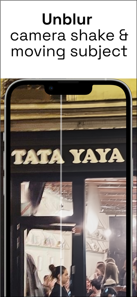 A side-by-side comparison showing the AI unblur feature on a blurry storefront photo